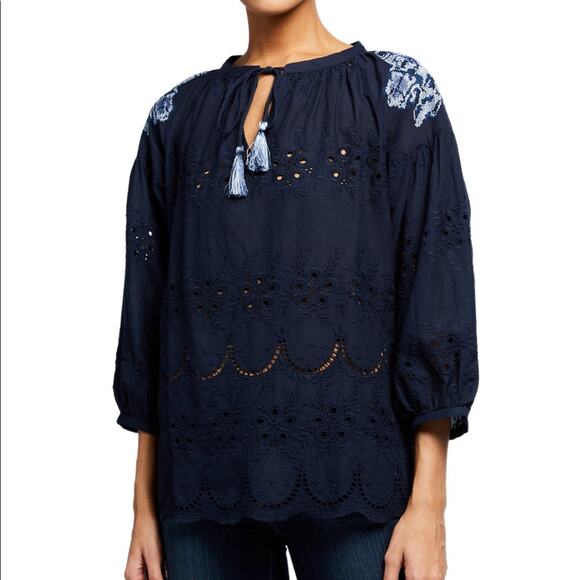 NWT Anthropologie Tolani Brenna Navy Embroidered Eyelet Blouse XS Cotton Boho - Picture 6 of 12